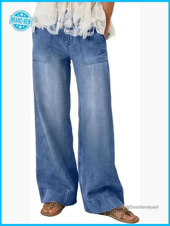 Denim - Wide Leg Jeans Soft Baggy Low Rise Elastic Waist Pull On Denim Pants Y2K